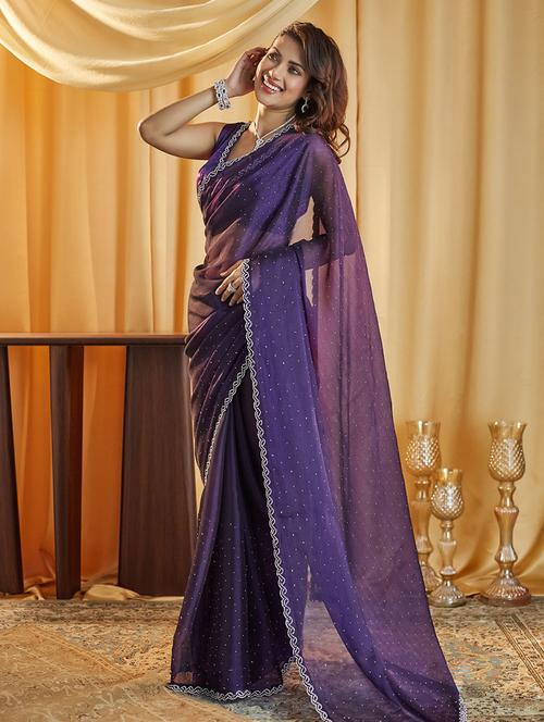 women solid with work embellished saree with blouse - 21949659 - Standard Image - 0