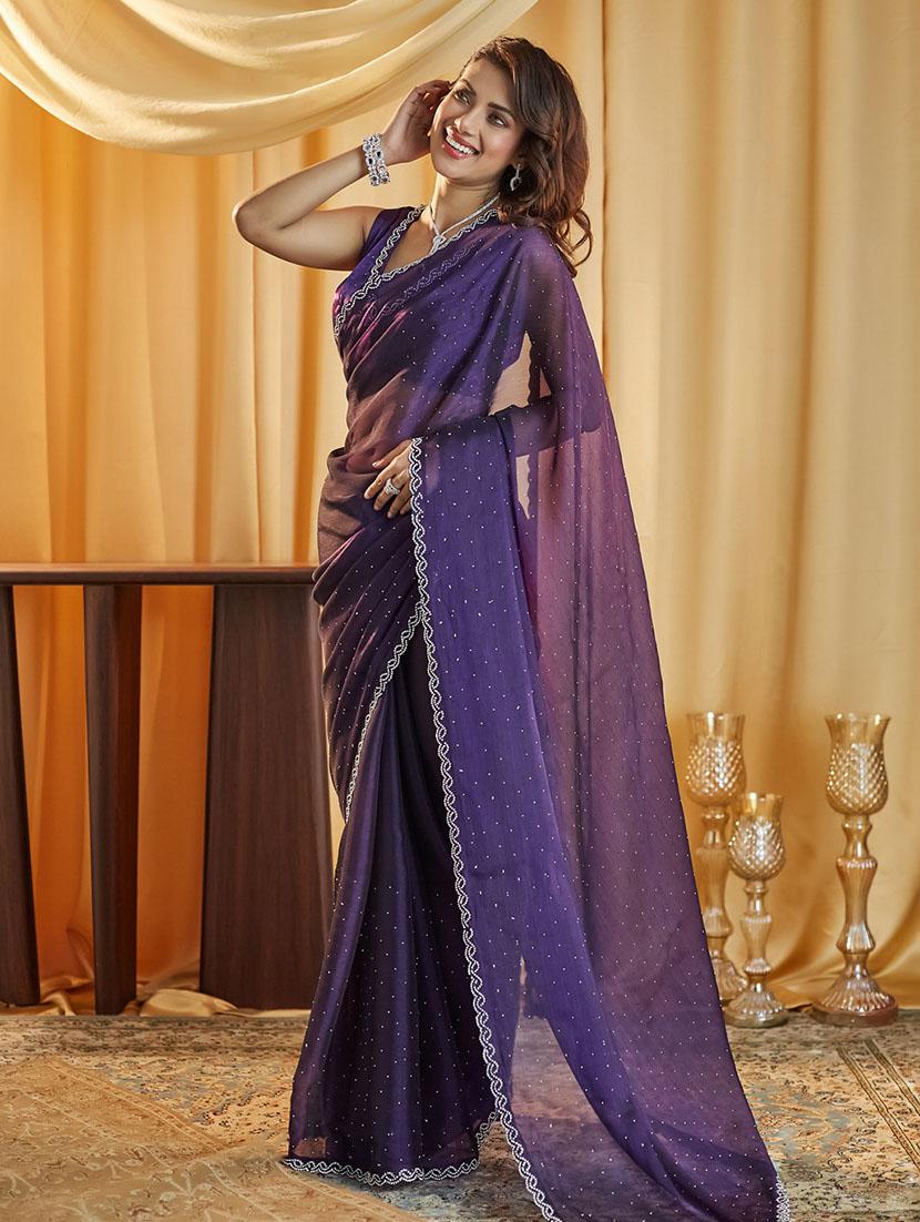 women solid with work embellished saree with blouse - 21949659 - Zoom Image - 0