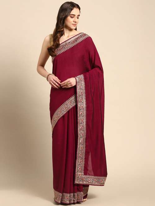 women solid with bordered saree with blouse - 21949673 - Standard Image - 0