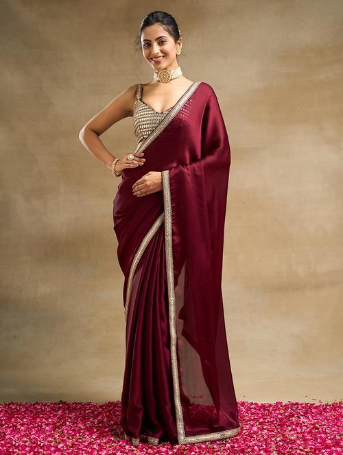 women solid with bordered saree with blouse - 21949684 -  Standard Image - 0