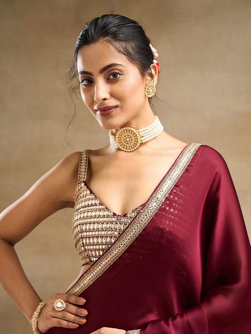 women solid with bordered saree with blouse - 21949684 - Standard Image - 3