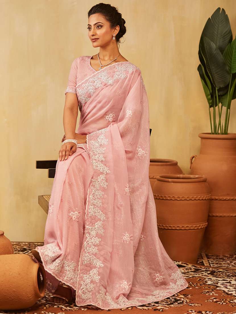 women solid with work embroidered saree with blouse - 21949691 - Standard Image - 3