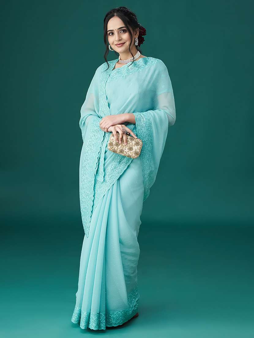 women solid with work embroidered saree with blouse - 21949707 - Standard Image - 3