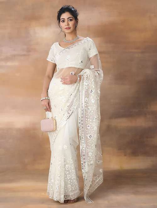 women solid with work embroidered saree with blouse - 21949750 - Standard Image - 0
