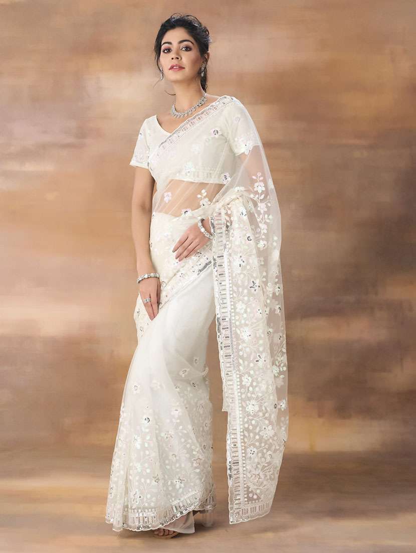 women solid with work embroidered saree with blouse - 21949750 - Standard Image - 3