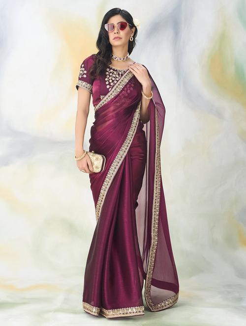 women solid with bordered saree with blouse - 21949756 -  Standard Image - 0