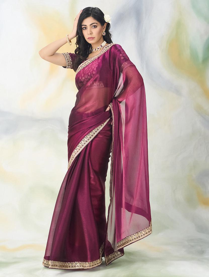 women solid with bordered saree with blouse - 21949756 - Standard Image - 3