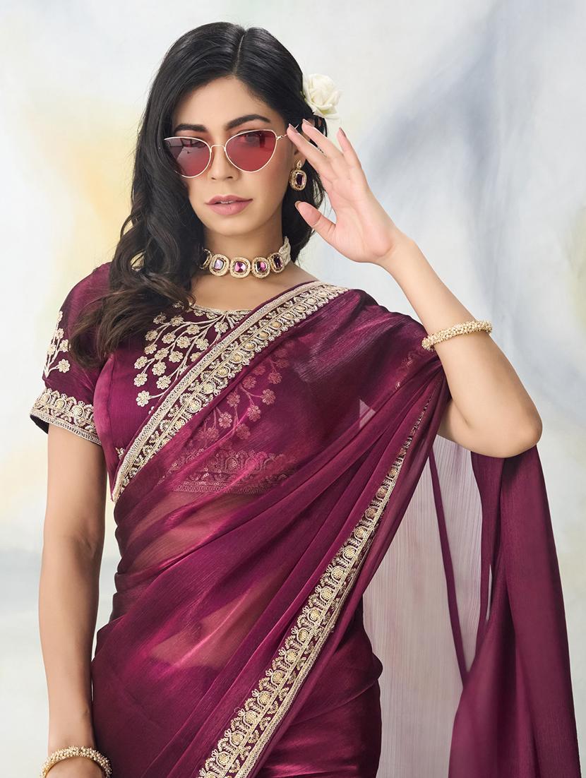women solid with bordered saree with blouse - 21949756 - Standard Image - 5