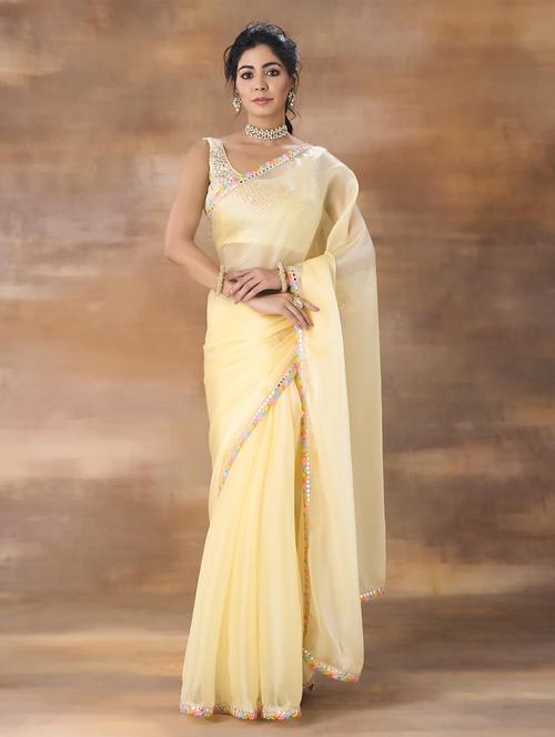 women solid mirror work bordered saree with blouse - 21949761 -  Standard Image - 0