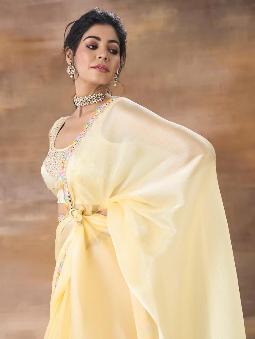 women solid mirror work bordered saree with blouse - 21949761 - Standard Image - 3