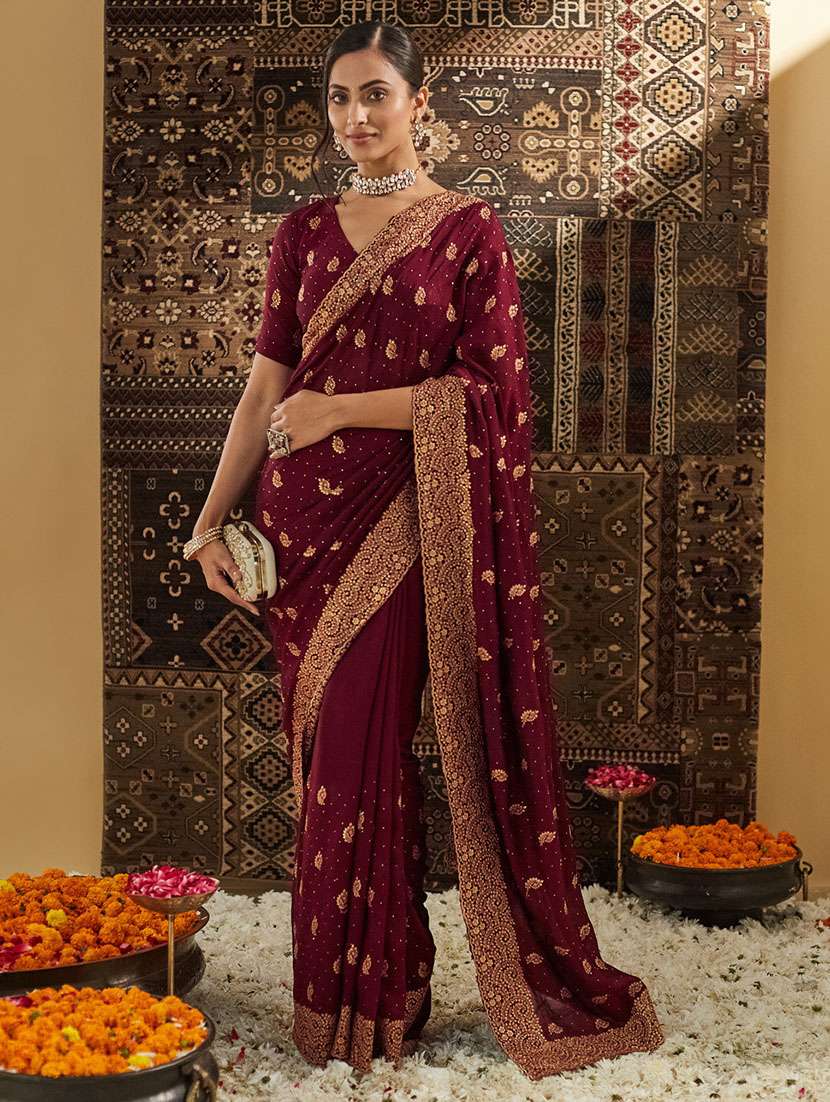 Women Solid With Work Embroidered Saree With Blouse