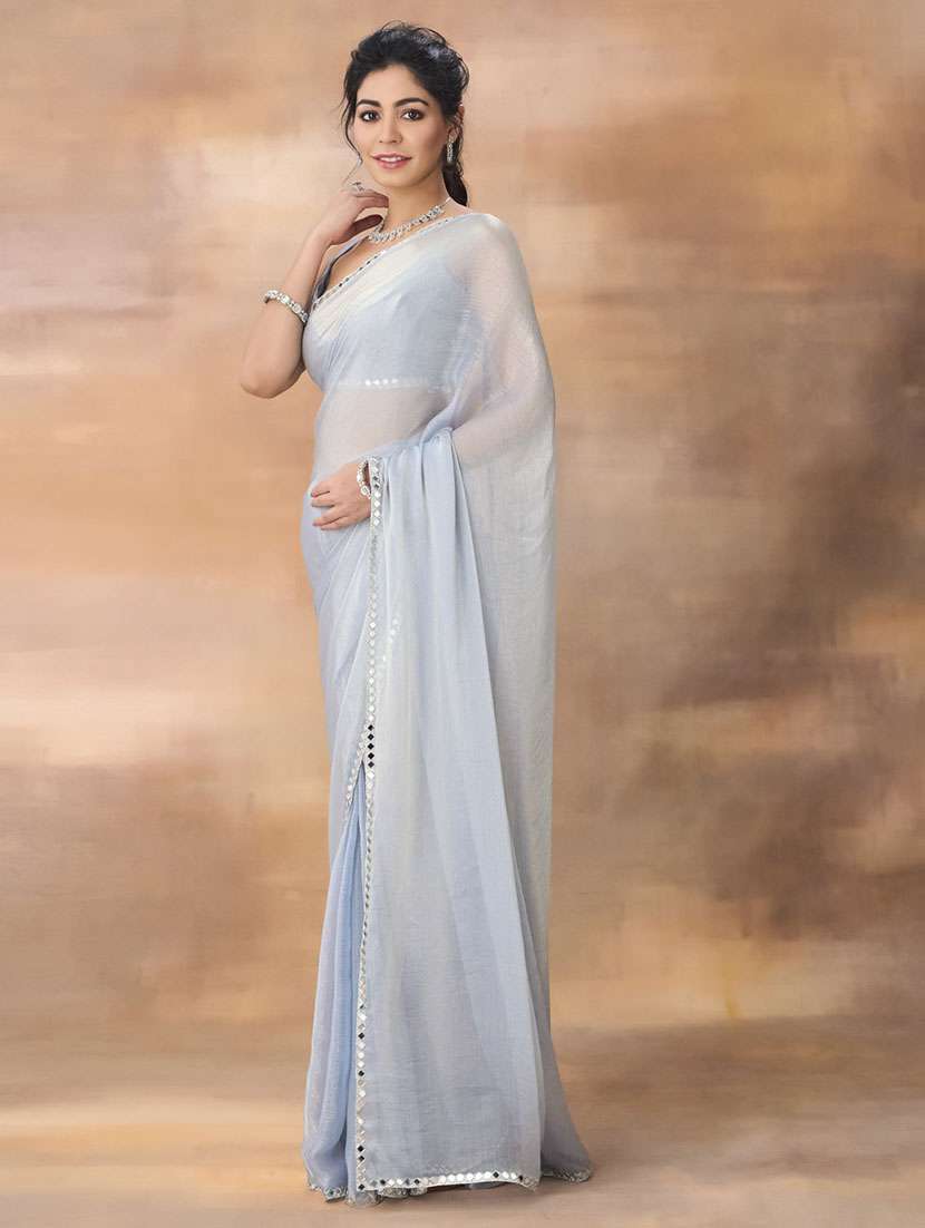 women solid mirror work bordered saree with blouse - 21949779 -  Standard Image - 3
