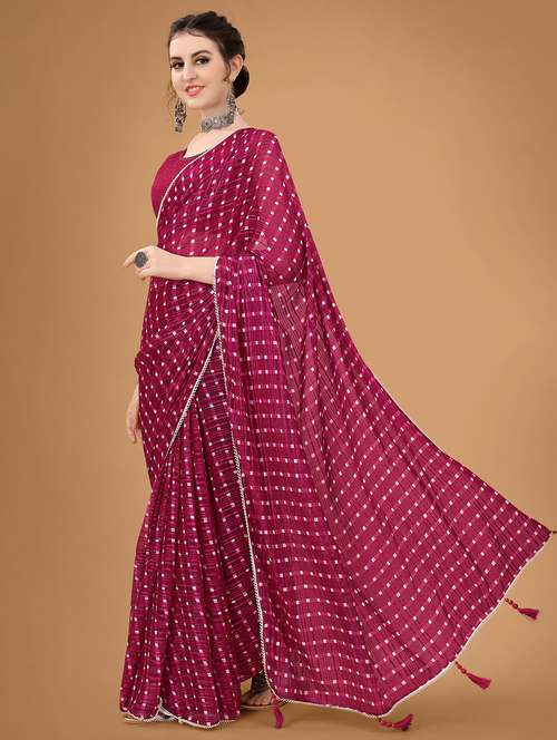 women checkered printed saree with blouse - 21949790 -  Standard Image - 0