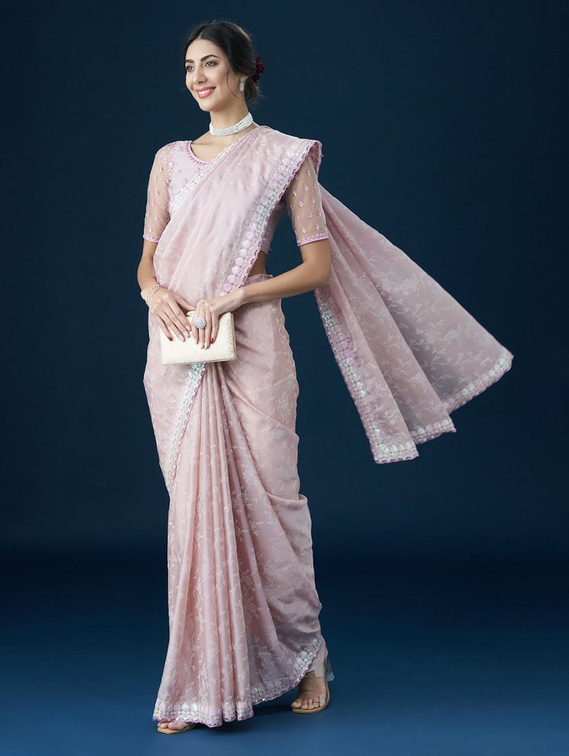 women solid with work embroidered saree with blouse - 21949809 - Standard Image - 3