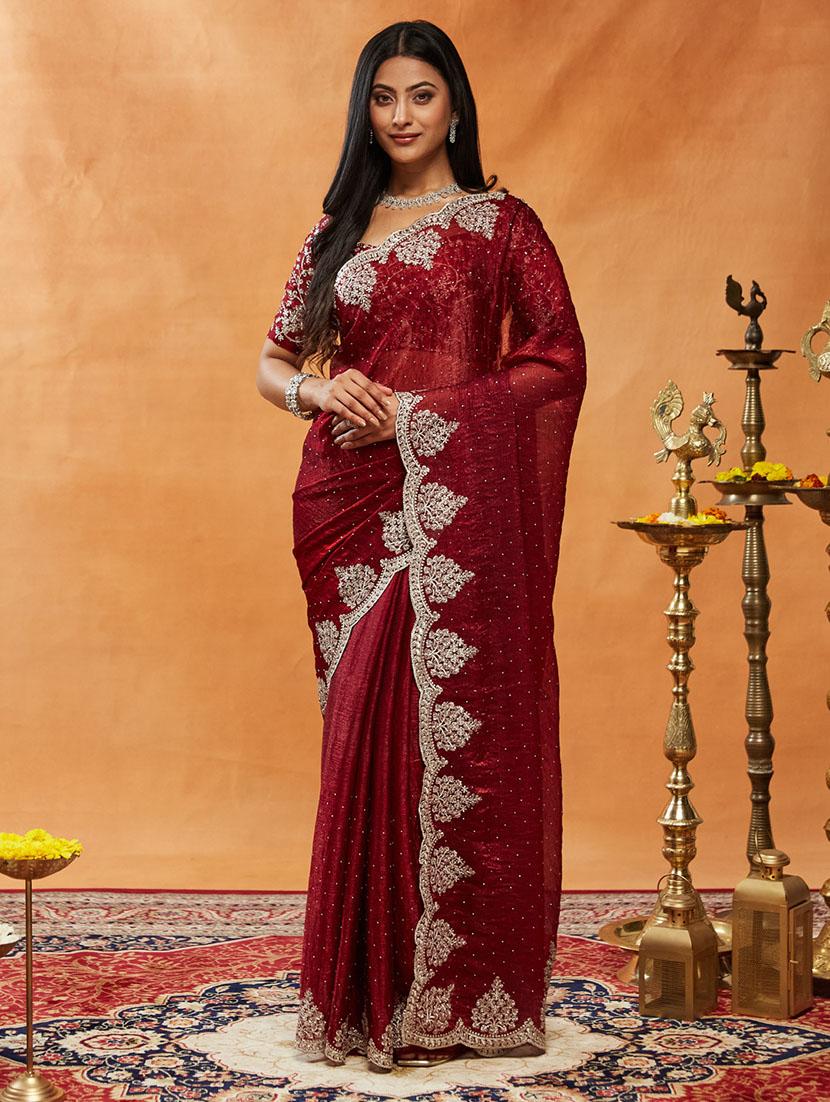 women solid with work embroidered saree with blouse - 21949839 - Zoom Image - 0