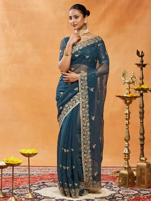 women solid with work embroidered saree with blouse - 21949841 -  Standard Image - 0
