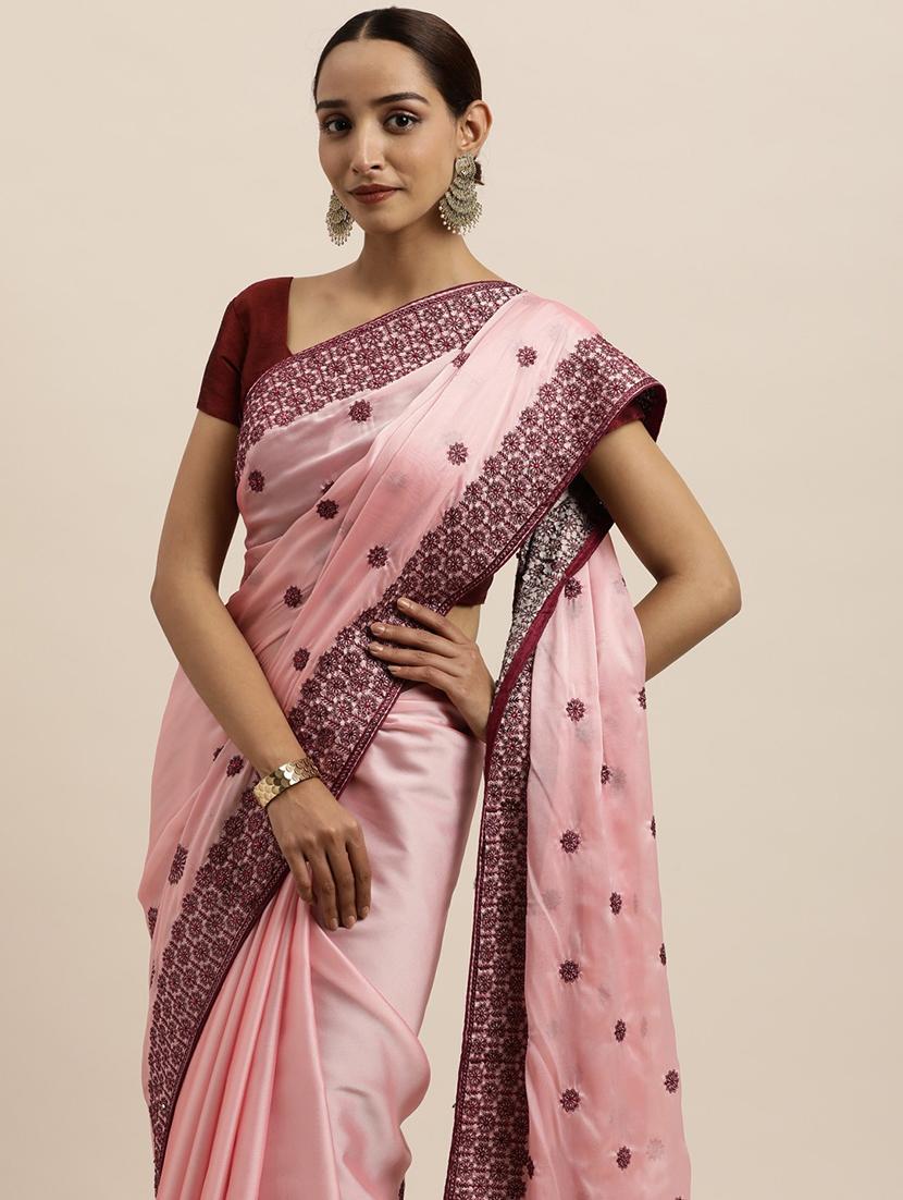 women solid with work embroidered saree with blouse - 21949877 - Standard Image - 3