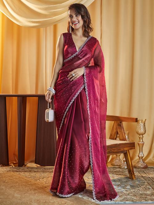 women solid with work embellished saree with blouse - 21949962 -  Standard Image - 0