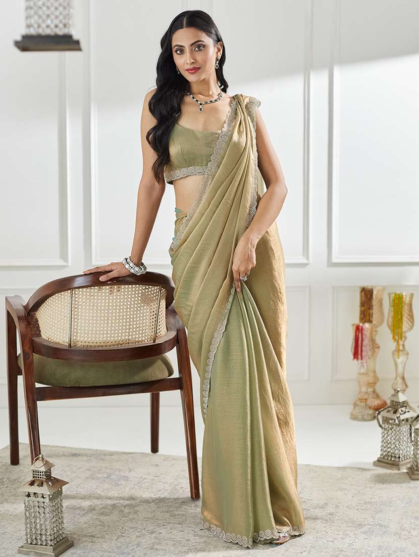 women solid with embellished bordered saree with blouse - 21949966 - Zoom Image - 0