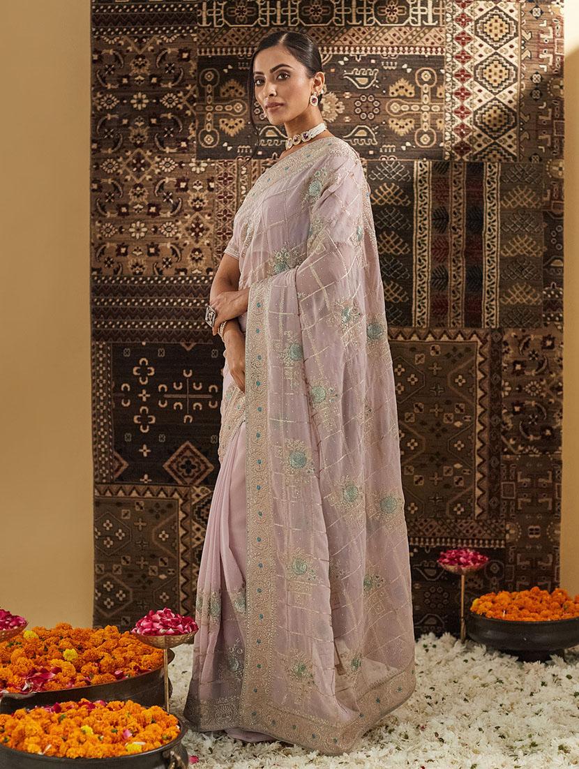 women solid with work embroidered saree with blouse - 21949967 - Standard Image - 3