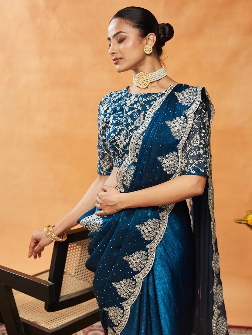 women solid with work embroidered saree with blouse - 21949968 - Standard Image - 3