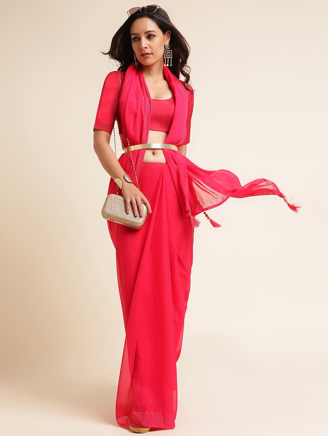 women solid with embellished bordered saree with blouse - 21949990 - Standard Image - 3