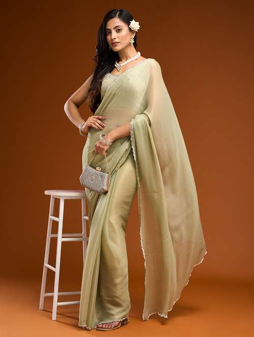women solid with embellished bordered saree with blouse - 21950041 -  Standard Image - 0