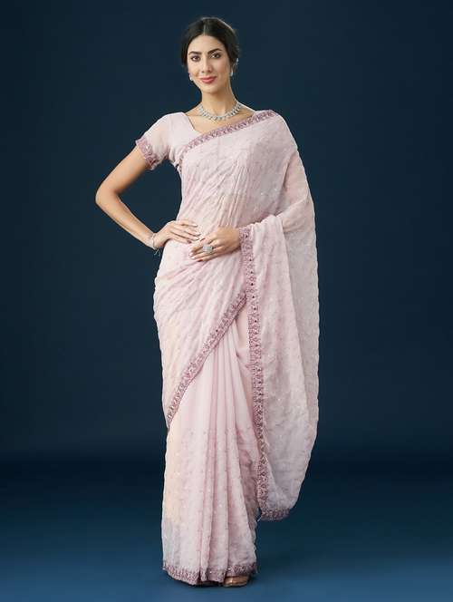 women solid with work embroidered saree with blouse - 21950046 - Standard Image - 0