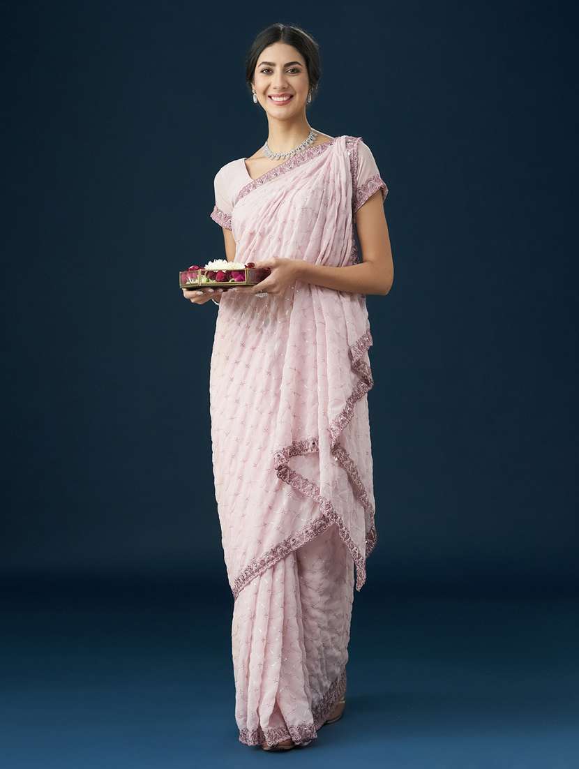 women solid with work embroidered saree with blouse - 21950046 - Standard Image - 3
