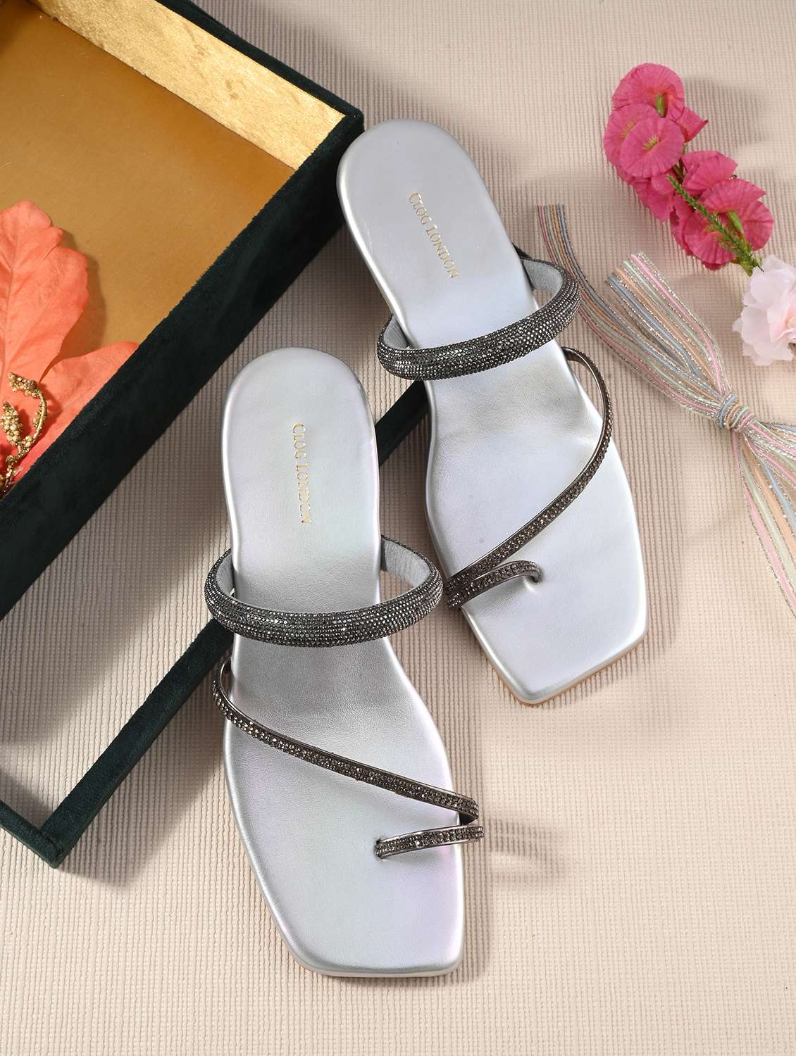 women silver slip on sandal