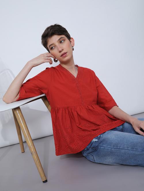women red solid short sleeve schiffli flared top - 21951393 -  Standard Image - 0