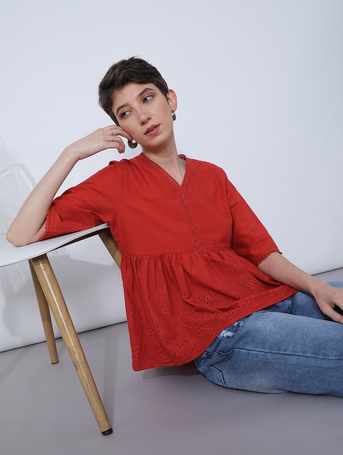women red solid short sleeve schiffli flared top - 21951393 -  Zoom Image - 0