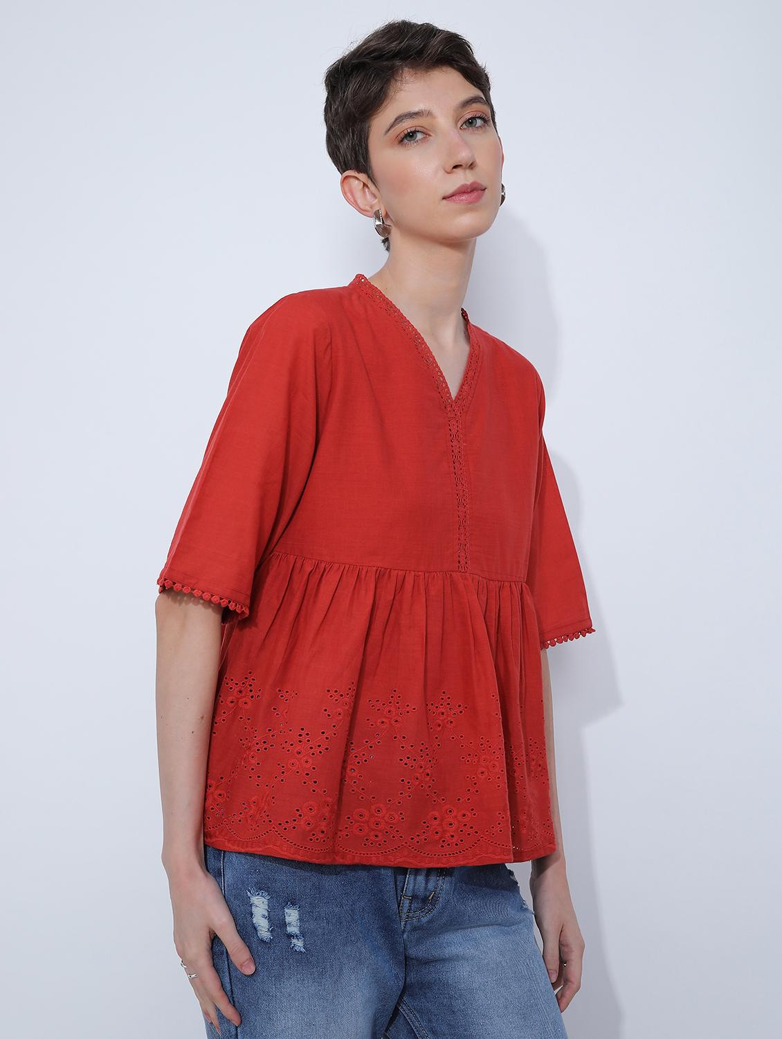 women red solid short sleeve schiffli flared top - 21951393 - Standard Image - 3