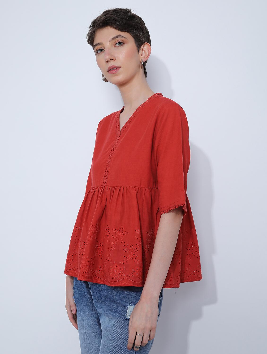women red solid short sleeve schiffli flared top - 21951393 - Standard Image - 5