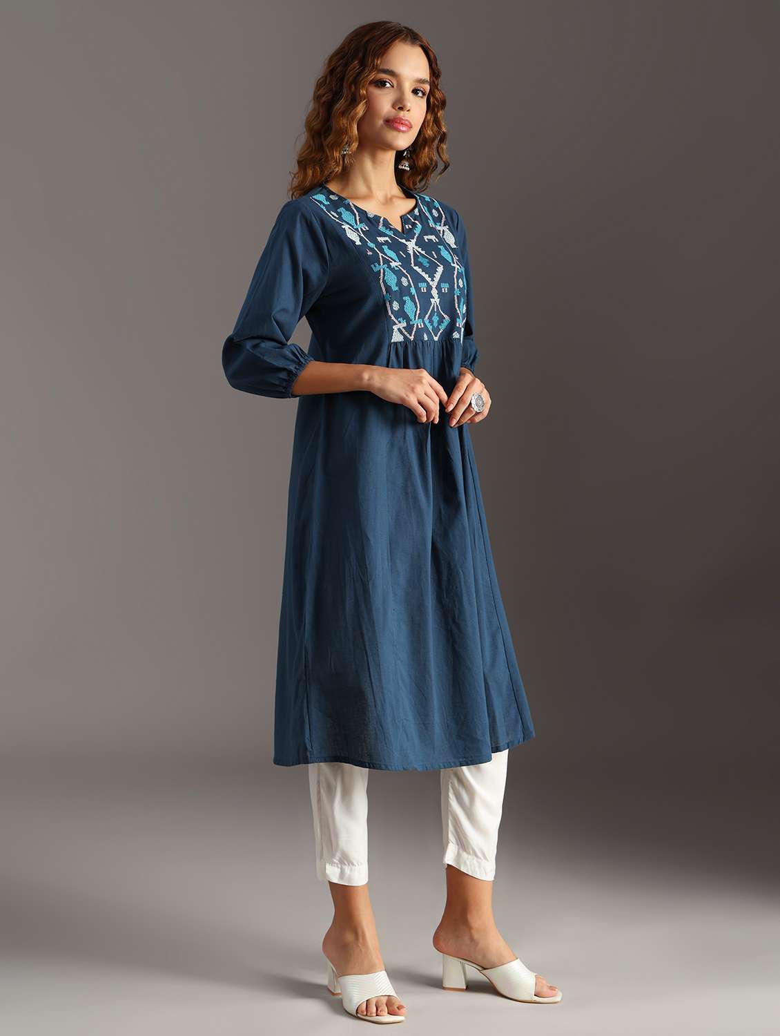 women blue embroidered a-line ethnic dress - 21951467 - Standard Image - 3