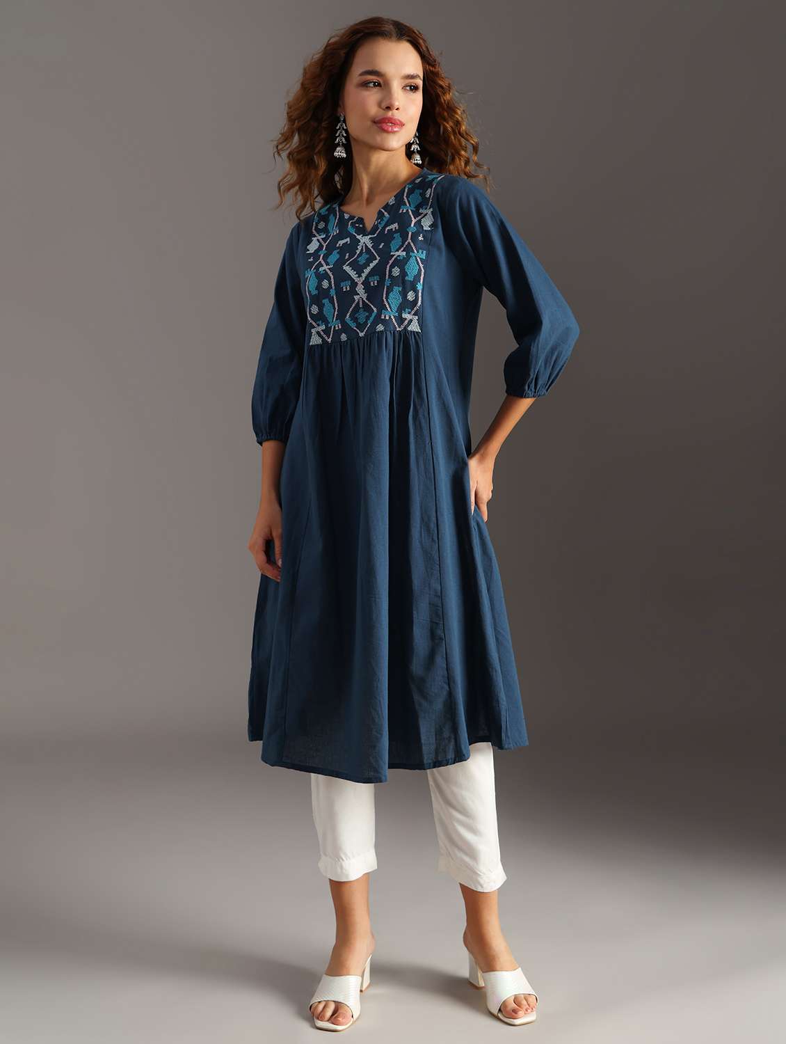 women blue embroidered a-line ethnic dress - 21951467 - Standard Image - 5