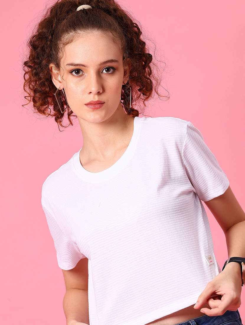 women solid round neck crop t-shirt
