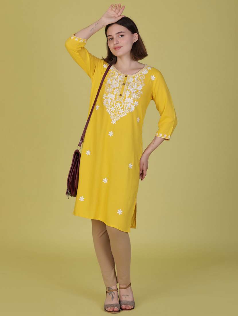 women solid with work three quarter sleeve straight kurta - 21951505 -  Standard Image - 3