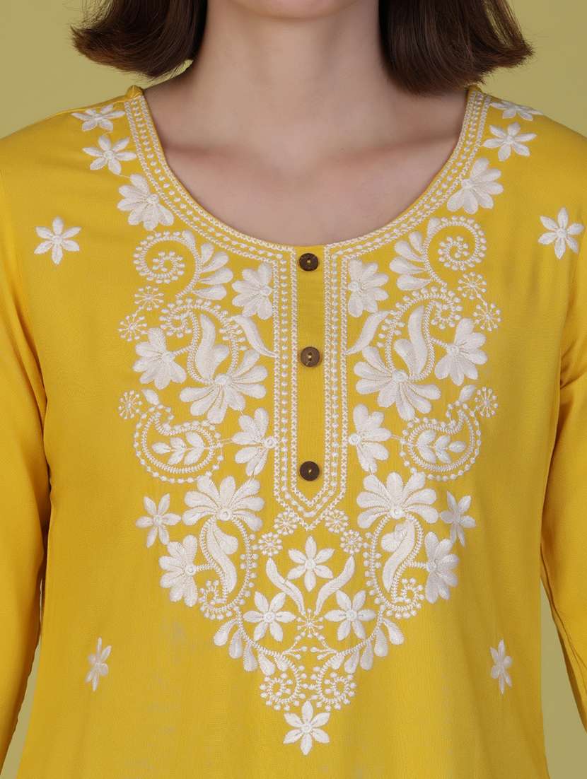 women solid with work three quarter sleeve straight kurta - 21951505 -  Standard Image - 5