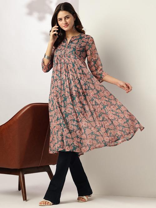 women floral three quarter sleeve flared kurta - 21951795 -  Standard Image - 0