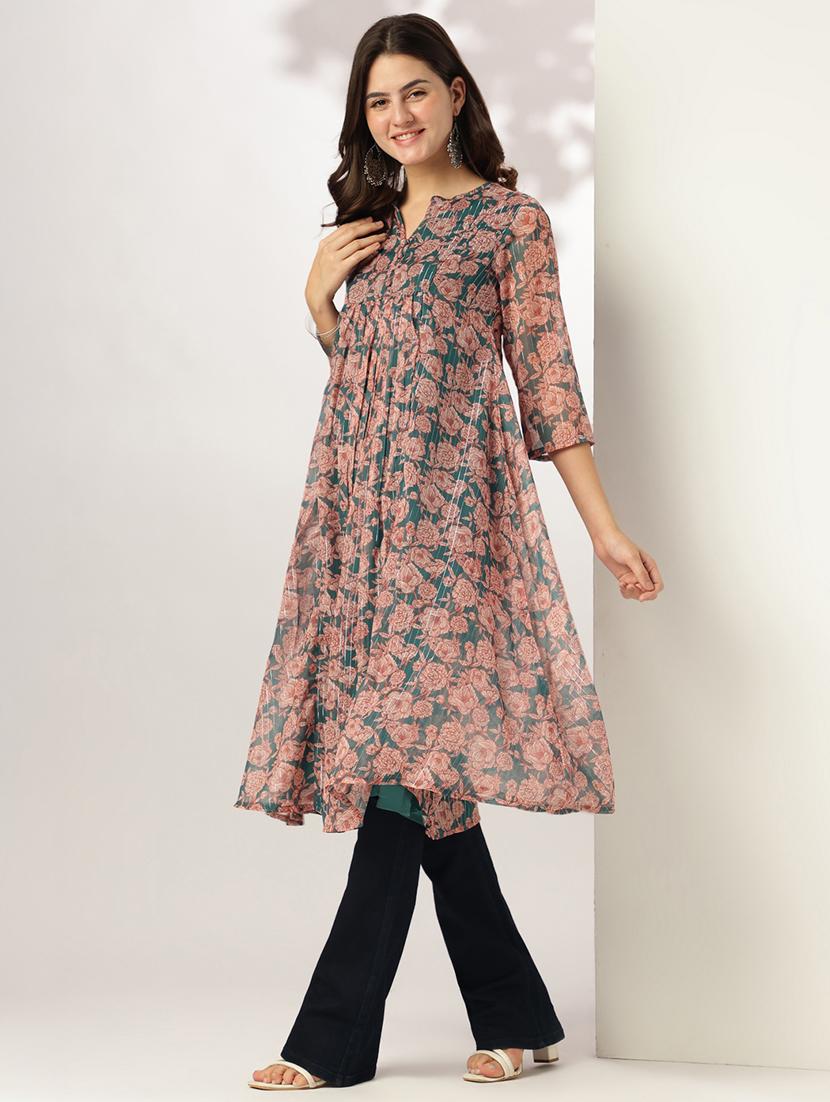 women floral three quarter sleeve flared kurta - 21951795 - Standard Image - 3