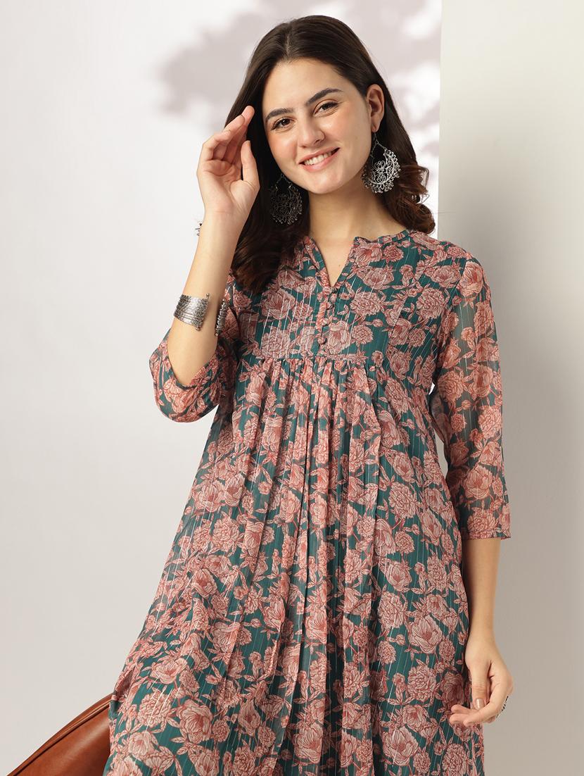 women floral three quarter sleeve flared kurta - 21951795 - Standard Image - 5