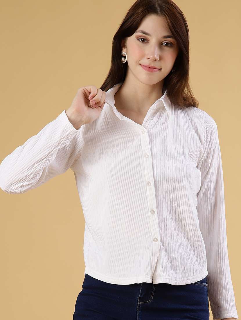 women solid collared long sleeve shirt
