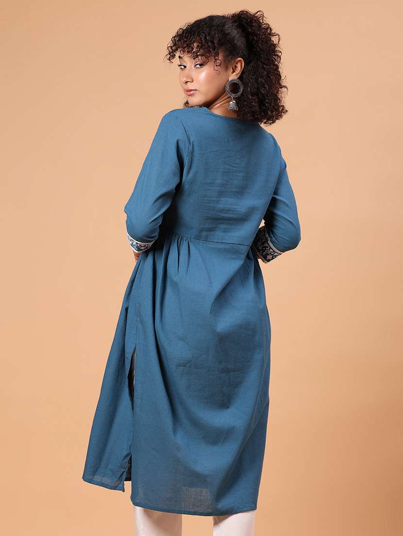 women embroidered three quarter sleeve a-line kurta - 21952065 -  Standard Image - 3