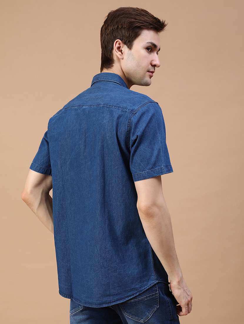 men solid short sleeve collared denim shirt - 21952398 -  Standard Image - 3