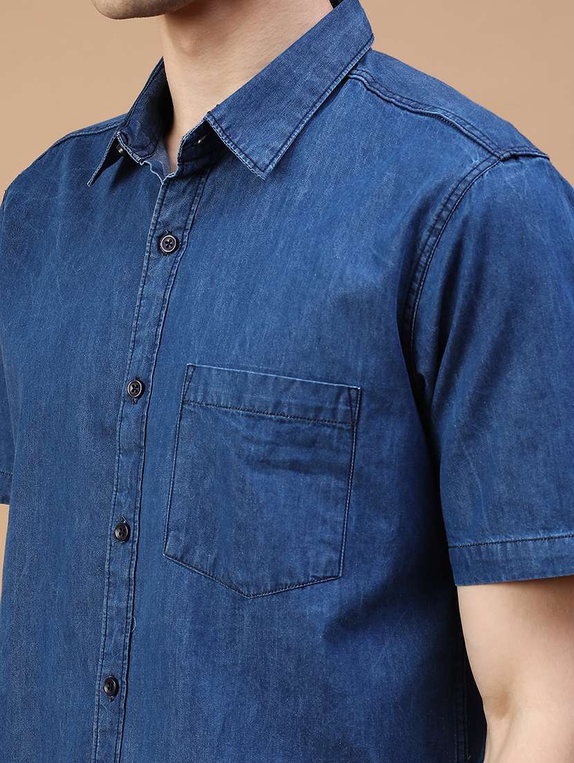 men solid short sleeve collared denim shirt - 21952398 -  Standard Image - 5