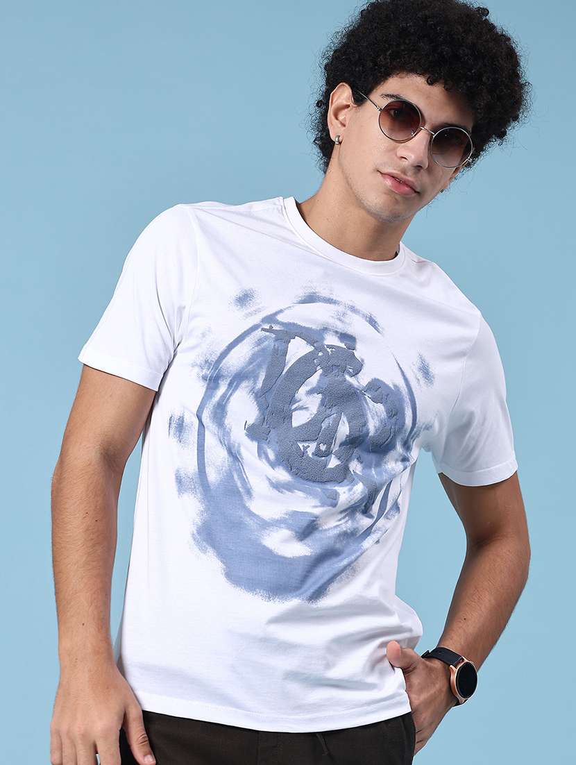 men white cotton blend front print t-shirt