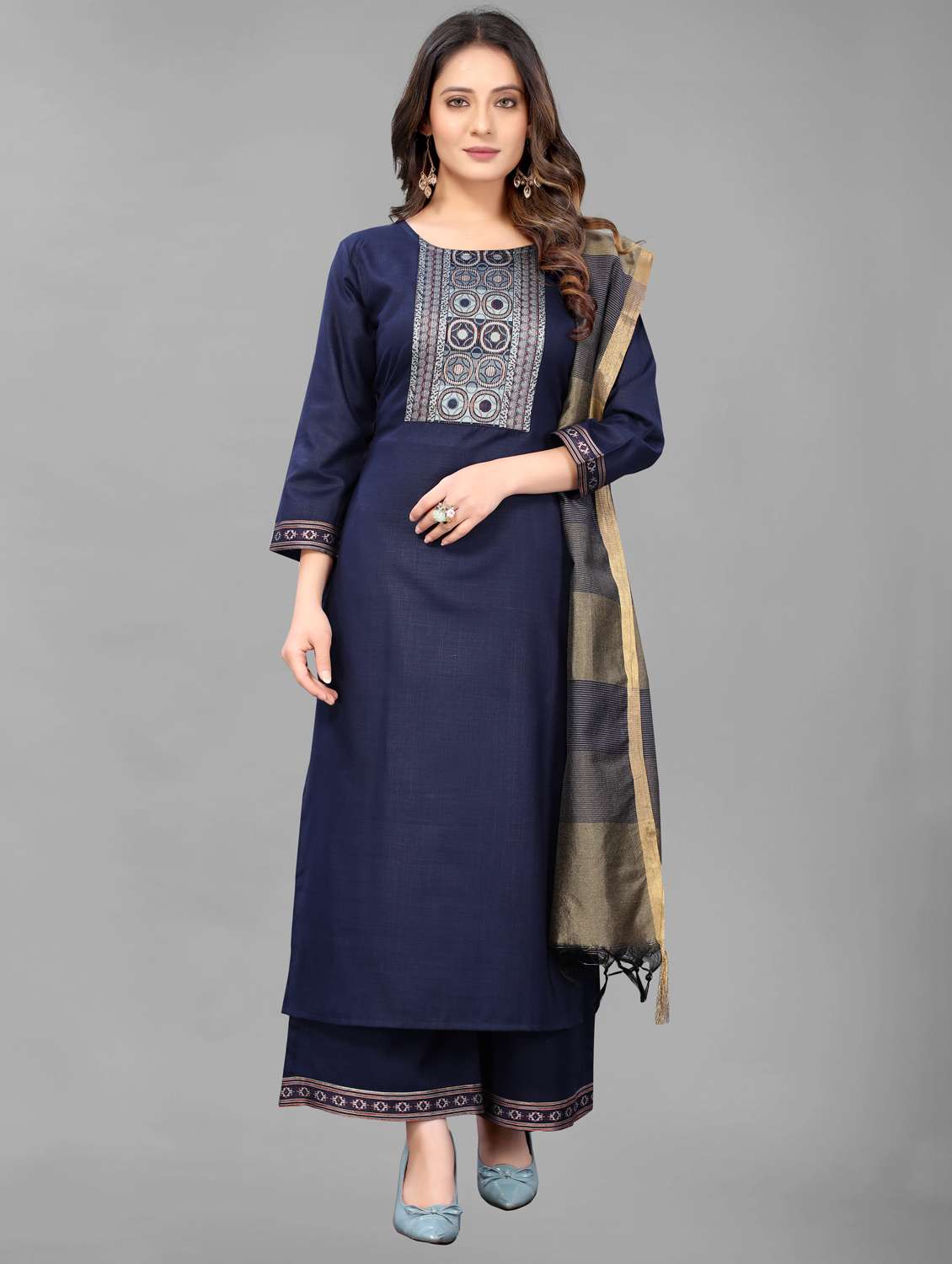 women three quarter sleeve kurta palazzo with dupatta set