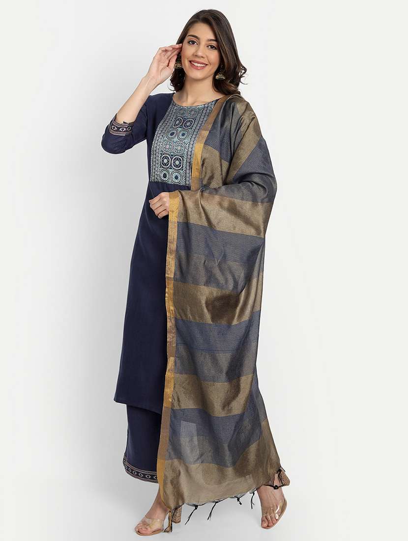 women three quarter sleeve kurta palazzo with dupatta set