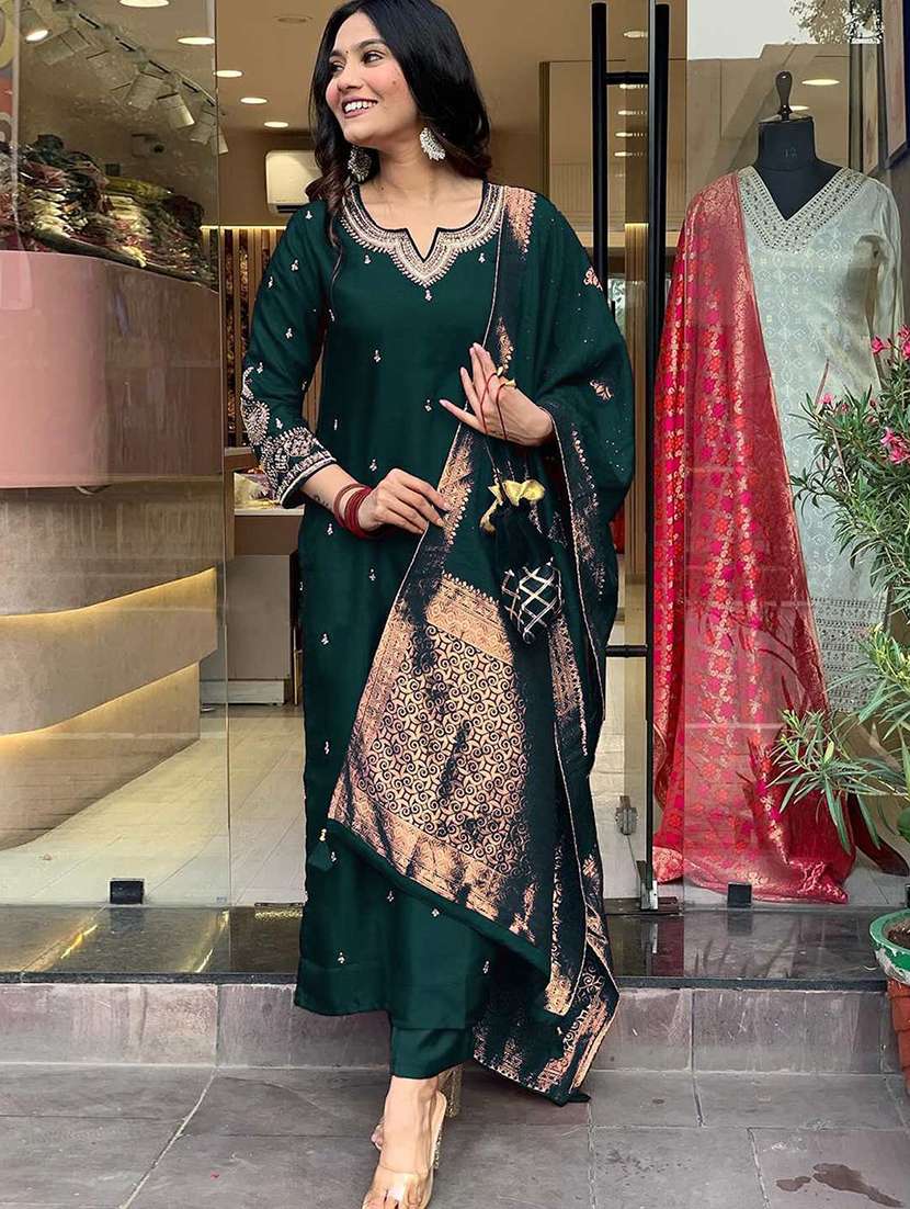 women three quarter sleeve kurta pant with dupatta set